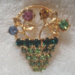 Gold-tone Basket of Rhinestone Flower Pin